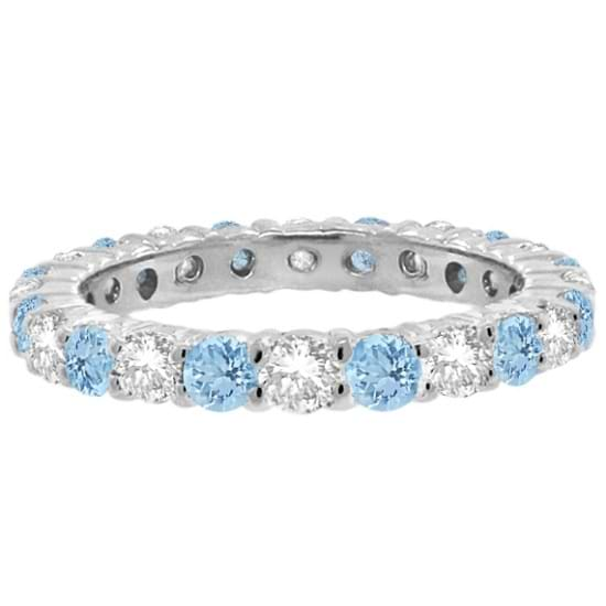 Aquamarine & Diamond Eternity Ring Band 14k White Gold 1.07ct - IR682