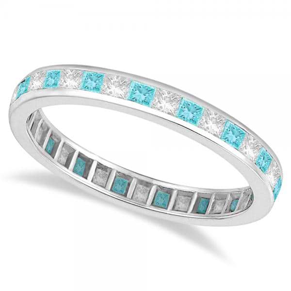 Princess-Cut Aquamarine & Diamond Eternity Ring 14k White Gold (1.26ct)