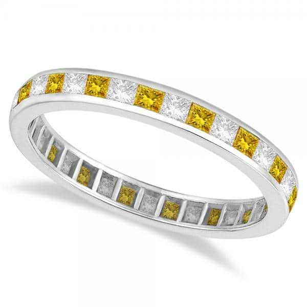 Princess-Cut Yellow Sapphire & Diamond Eternity Ring 14k White Gold (1.26ct)