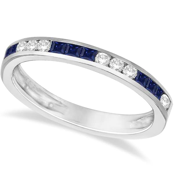 Channel Set Diamond & Blue Sapphire Ring Band 14k White Gold (0.55ct)