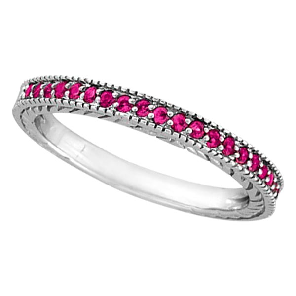 Pink Sapphire Stackable Ring with Milgrain Edges in 14k White Gold