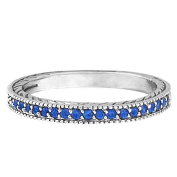 Blue Sapphire Stackable Ring With Milgrain Edges in 14k White Gold