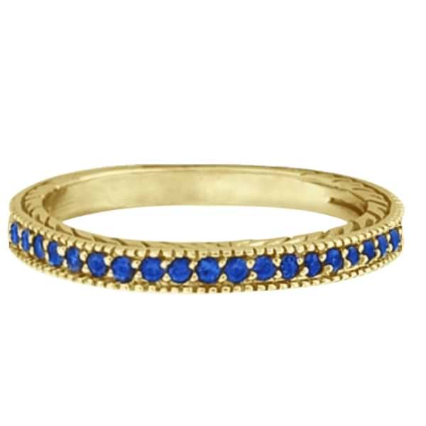 Blue Sapphire Stackable Ring Band With Milgrain Edges 14k Yellow Gold