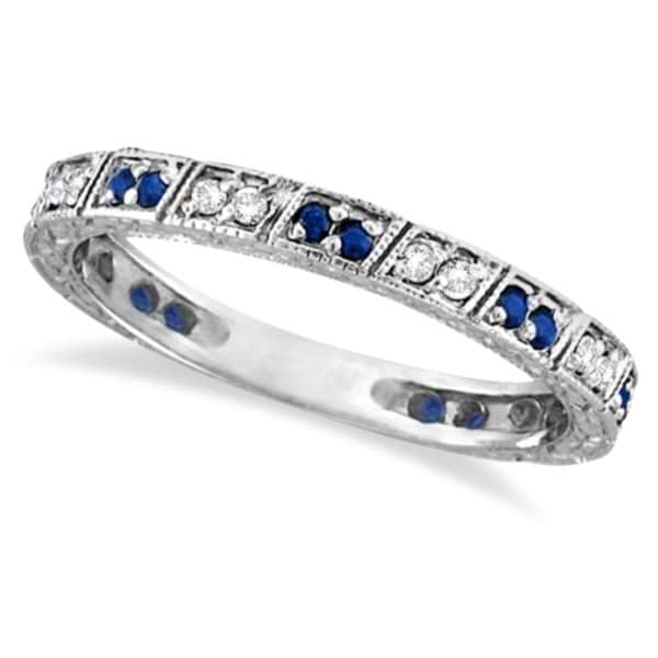 Blue Sapphire & Diamond Filigree Ring Anniversary Band 14k White Gold