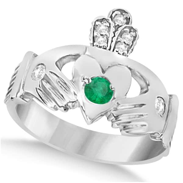Diamond & Green Emerald Ring Claddagh Irish 14k White Gold (0.35ct)