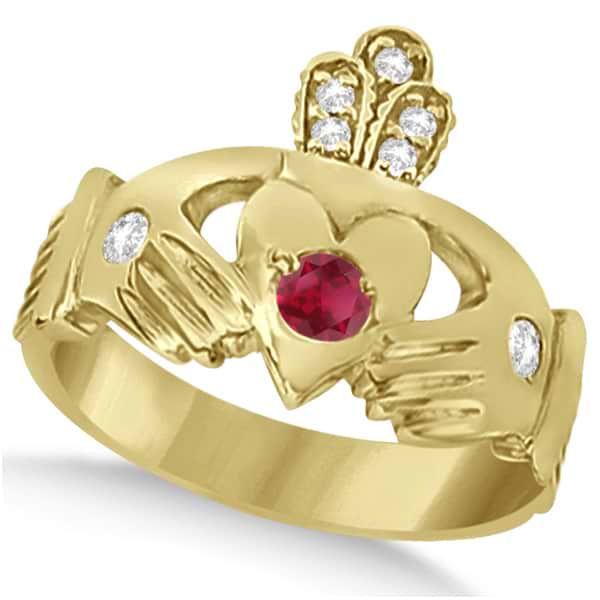 Irish Heart Crown Claddagh Ruby & Diamond Ring 14k Yellow Gold (0.35ct)