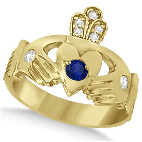 Irish Heart Diamond & Sapphire Claddgh Ring 14k Yellow Gold (0.35ct)