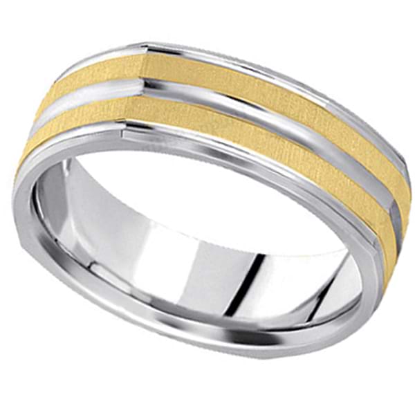 Square Two-Tone Wedding Band Carved Ring in 14k Gold (7mm)