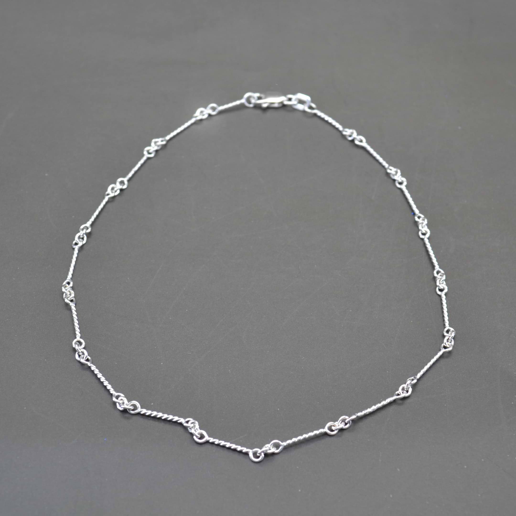 Alternating Cable Chain Link Ankle Bracelet 14k White Gold