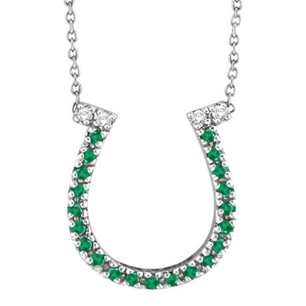 Emerald & Diamond Horseshoe Pendant Necklace 14k White Gold (0.25ct)