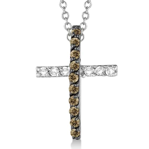Champagne & White Diamond Cross Pendant Necklace 14k White Gold (0.25ct)