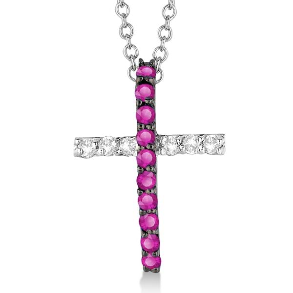 Pink Sapphire & Diamond Cross Pendant Necklace 14k White Gold (0.25ct)
