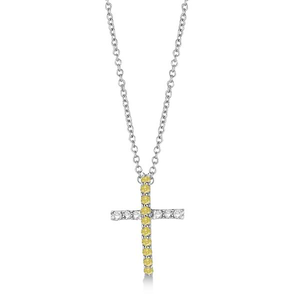 Yellow & White Diamond Cross Pendant Necklace 14k White Gold (0.25ct)