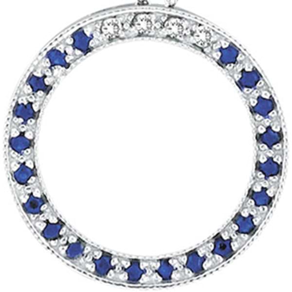 Diamond & Blue Sapphire Circle Pendant Necklace 14k White Gold