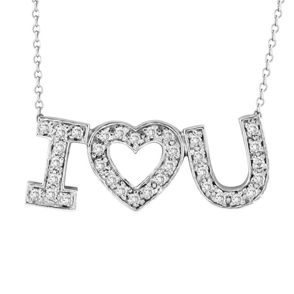 "I Love You" Diamond Heart Pendant Necklace in 14k White Gold (1/2 ct)
