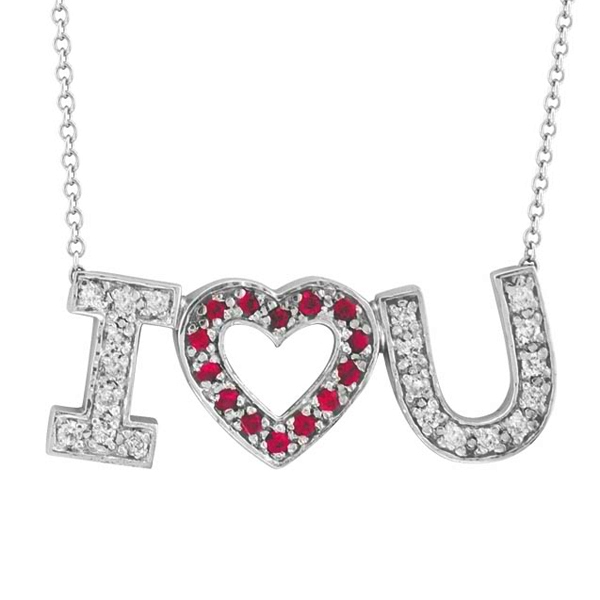 "I Love You" Diamond & Pink Sapphire Pendant 14k White Gold (0.50ct)