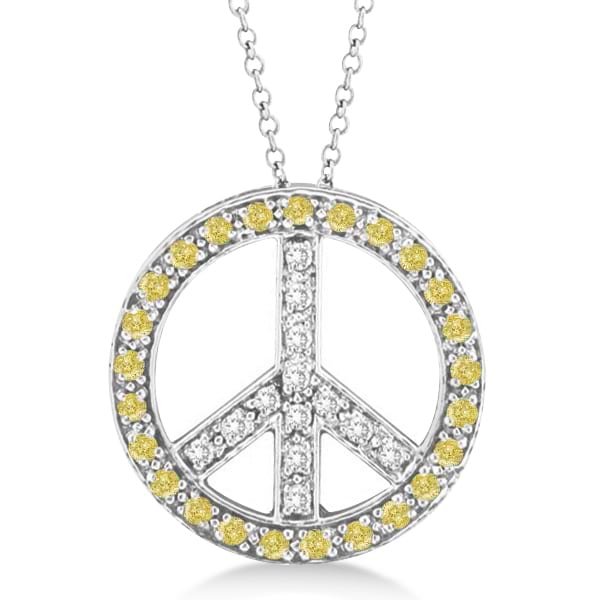 Yellow Diamond Peace Sign Pendant Necklace 14k White Gold 0.50ct