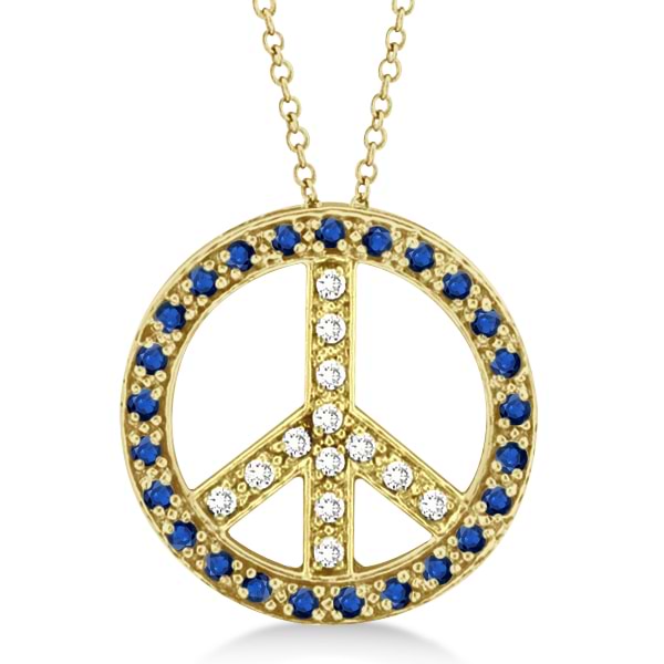 Diamond & Blue Sapphire Peace Pendant Necklace 14k Yellow Gold 0.92ct
