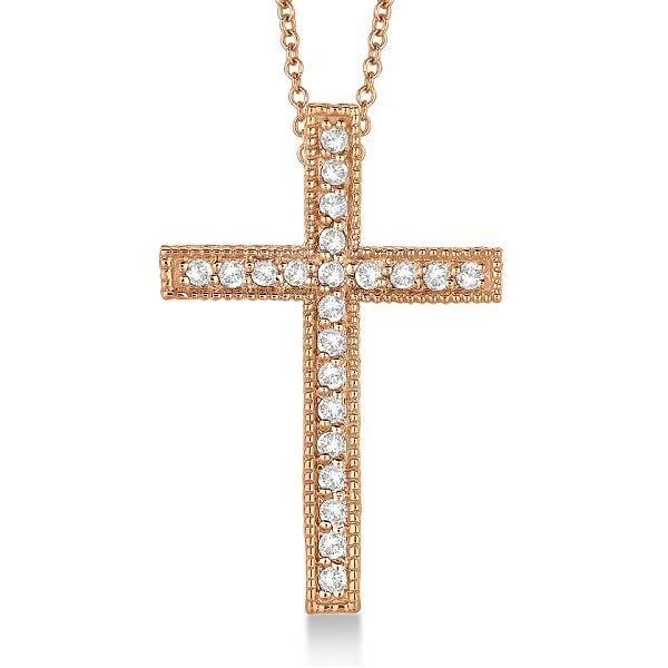 Diamond Cross Pendant Necklace Milgrain Edged 14k Rose Gold (0.33ct)