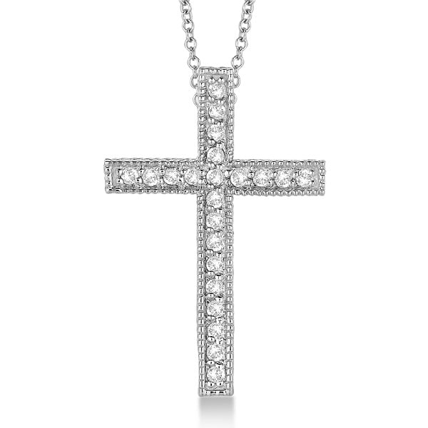 Diamond Cross Pendant Necklace Milgrain Edged 14k White Gold (0.33ct)