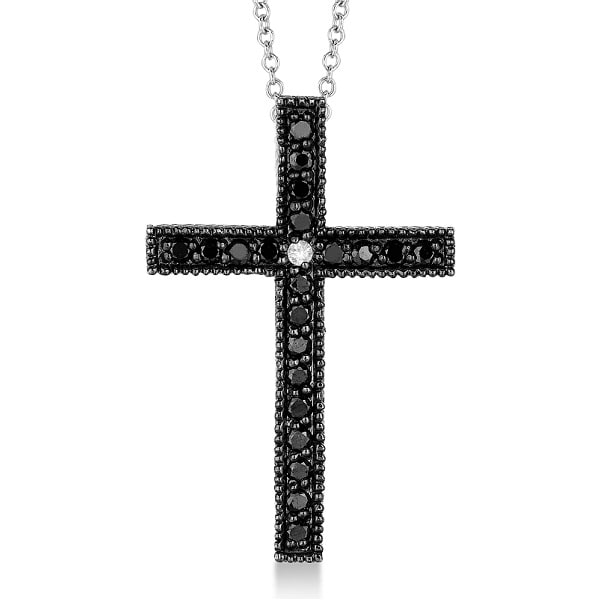 Black & White Diamond Cross Pendant Necklace 14k White Gold (0.33ct)