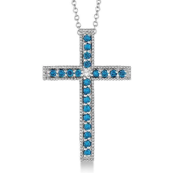 Blue & White Diamond Cross Pendant Necklace 14k White Gold (0.33ct)