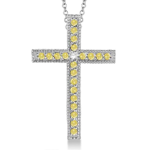Yellow & White Diamond Cross Pendant Necklace 14k White Gold (0.33ct)