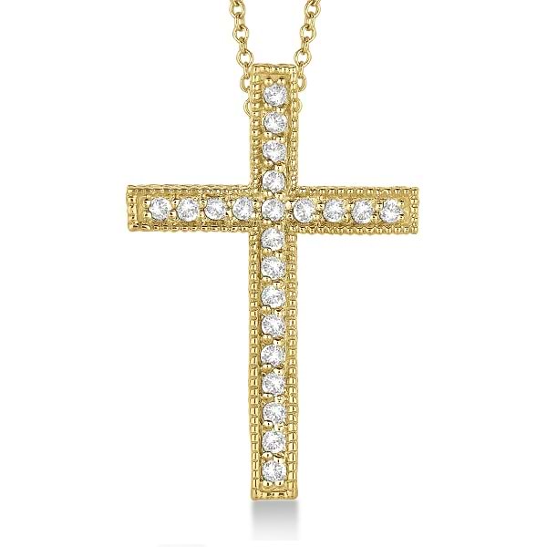 Diamond Cross Pendant Necklace Milgrain Edged 14k Yellow Gold (0.33ct)