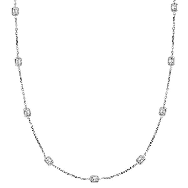 Asscher-Cut Fancy Diamond Station Necklace 14k White Gold 4.00ct