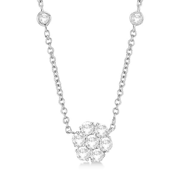 Flower Pendant Diamond Station Necklace 14k White Gold (1.50ct)
