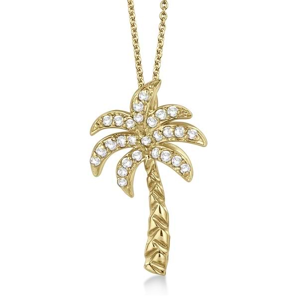 Palm Tree Shaped Diamond Pendant Necklace 18k Yellow Gold (0.25ct)