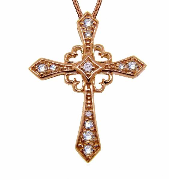 Antique Style Diamond Cross Pendant Necklace 14k Rose Gold (0.25ct)