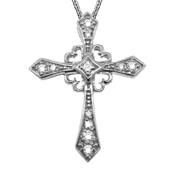Antique Style Diamond Cross Pendant Necklace 14k White Gold (0.25ct)