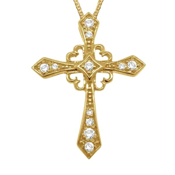 Antique Style Diamond Cross Pendant Necklace 14k Yellow Gold (0.25ct)