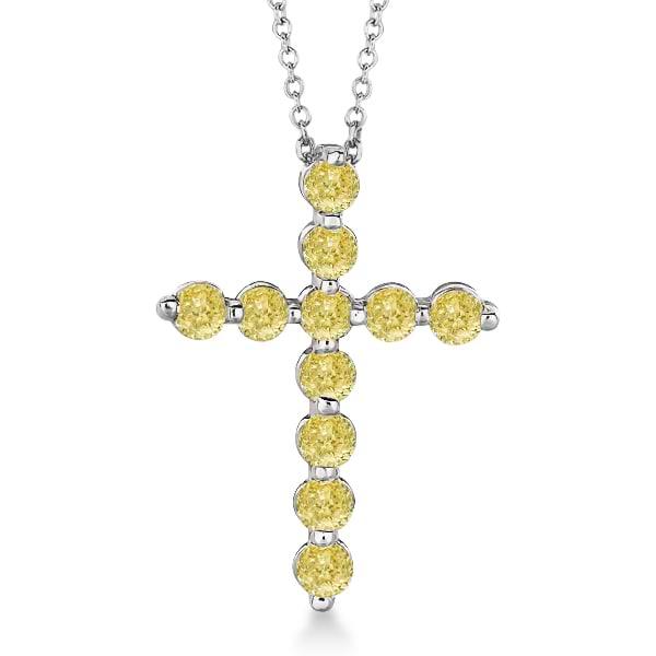 Fancy Yellow Diamond Cross Pendant Necklace 14k White Gold (1.01ct)