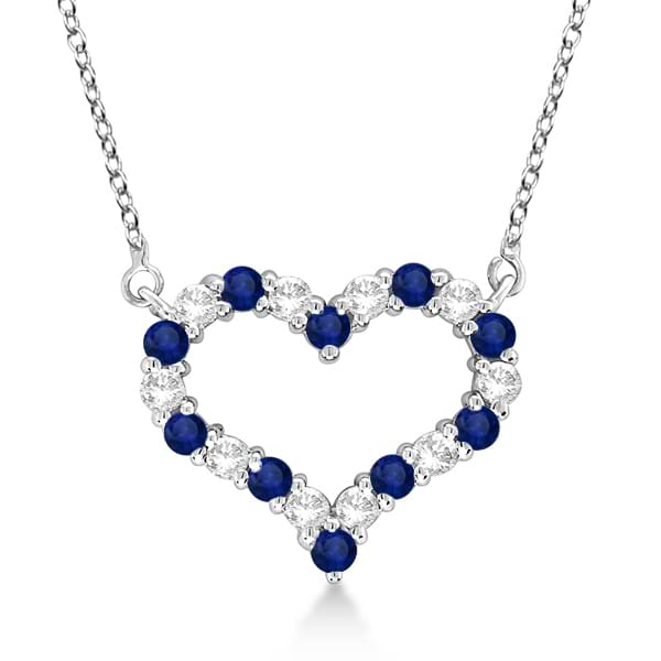 Open Heart Diamond & Sapphire Pendant Necklace 14k White Gold (0.65ct)