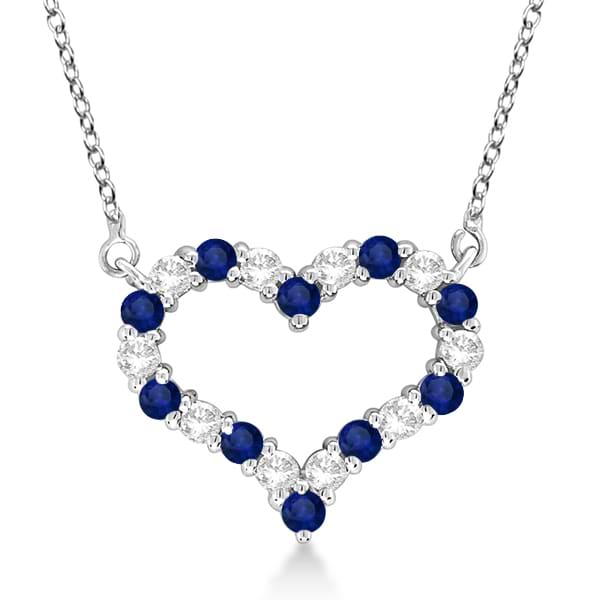 Open Heart Diamond & Sapphire Pendant Necklace 14k White Gold (1.30ct)
