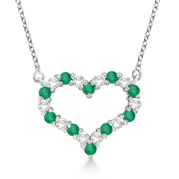 Open Heart Diamond & Emerald Pendant Necklace 14k White Gold (0.63ct)