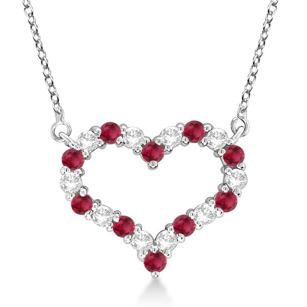 Open Heart Diamond & Ruby Pendant Necklace 14k White Gold 18