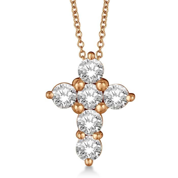 Prong Set Round Diamond Cross Pendant Necklace 14k Rose Gold (1.05ct)
