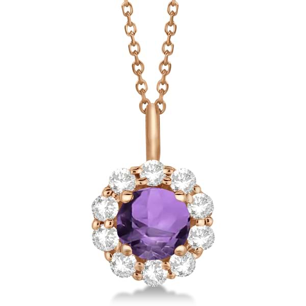 Halo Diamond and Amethyst Lady Di Pendant Necklace 14K Rose Gold (1.69ct)