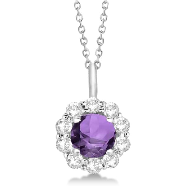 Halo Diamond and Amethyst Lady Di Pendant Necklace 18k White Gold (1.69ct)