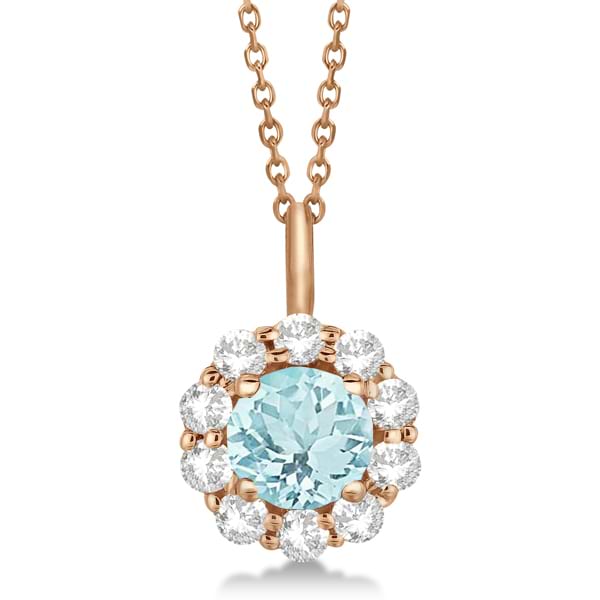 Halo Diamond and Aquamarine Lady Di Pendant Necklace 18k Rose Gold (1.69ct)