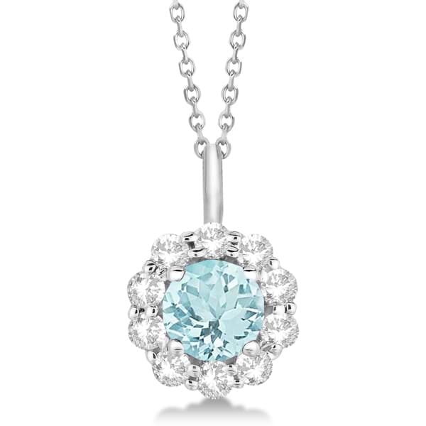 Halo Diamond and Aquamarine Lady Di Pendant Necklace 18k White Gold (1.69ct)