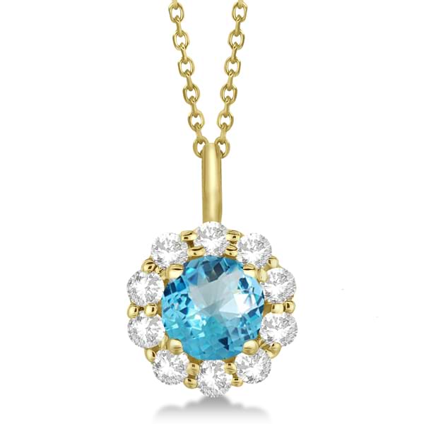 Halo Diamond and Blue Topaz Lady Di Pendant Necklace 14K Yellow Gold (1.69ct)