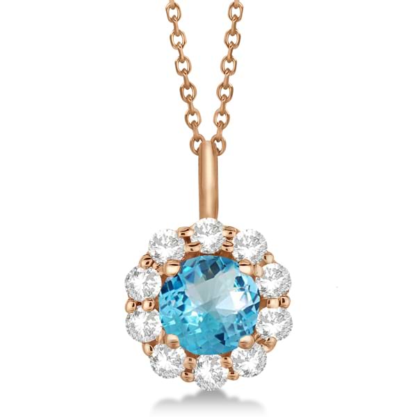 Halo Diamond and Blue Topaz Lady Di Pendant Necklace 18k Rose Gold (1.69ct)