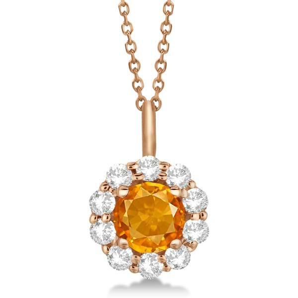 Halo Diamond and Citrine Lady Di Pendant Necklace 14K Rose Gold (1.69ct)