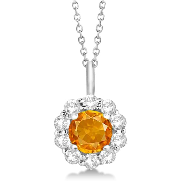Halo Diamond and Citrine Lady Di Pendant Necklace 18k White Gold (1.69ct)