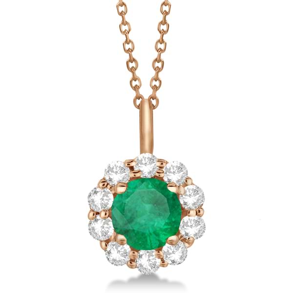 Halo Diamond and Emerald Lady Di Pendant Necklace 14K Rose Gold (1.69ct)