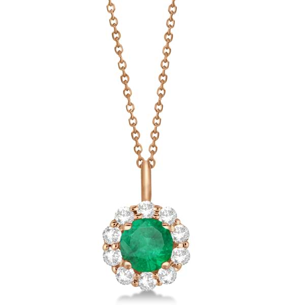 Halo Diamond and Emerald Lady Di Pendant Necklace 14K Rose Gold (1.69ct)